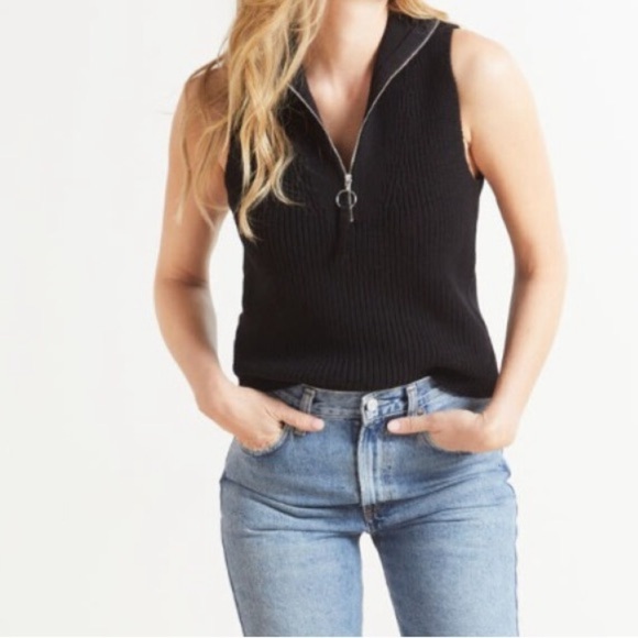 NEW 525 AMERICA Black Knit Sleeveless Half Zip Tank Collared 100% Cotton Small - Picture 1 of 8